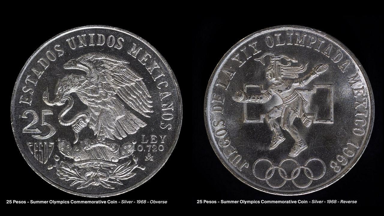 1968 Silver 25 Pesos Summer Olympics Commemorative Coin.