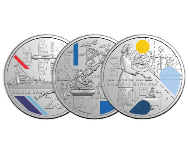 Three 1941 Service Amid Strife coins depicting women's services, Greece and Crete conflict, and North Africa and Middle East conflict.