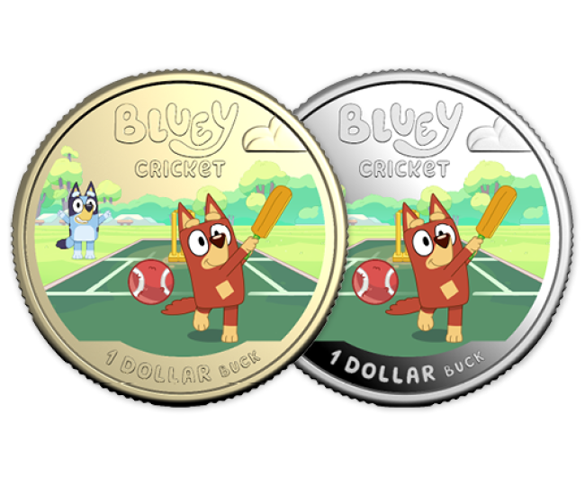 2027 $1 uncirculated and silver proof Bluey Cricket coins.