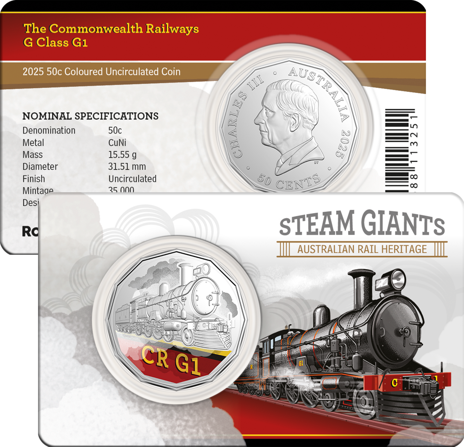 2025 50c Coloured Uncirculated Coin in Card - The Commonwealth Railways G Class G1