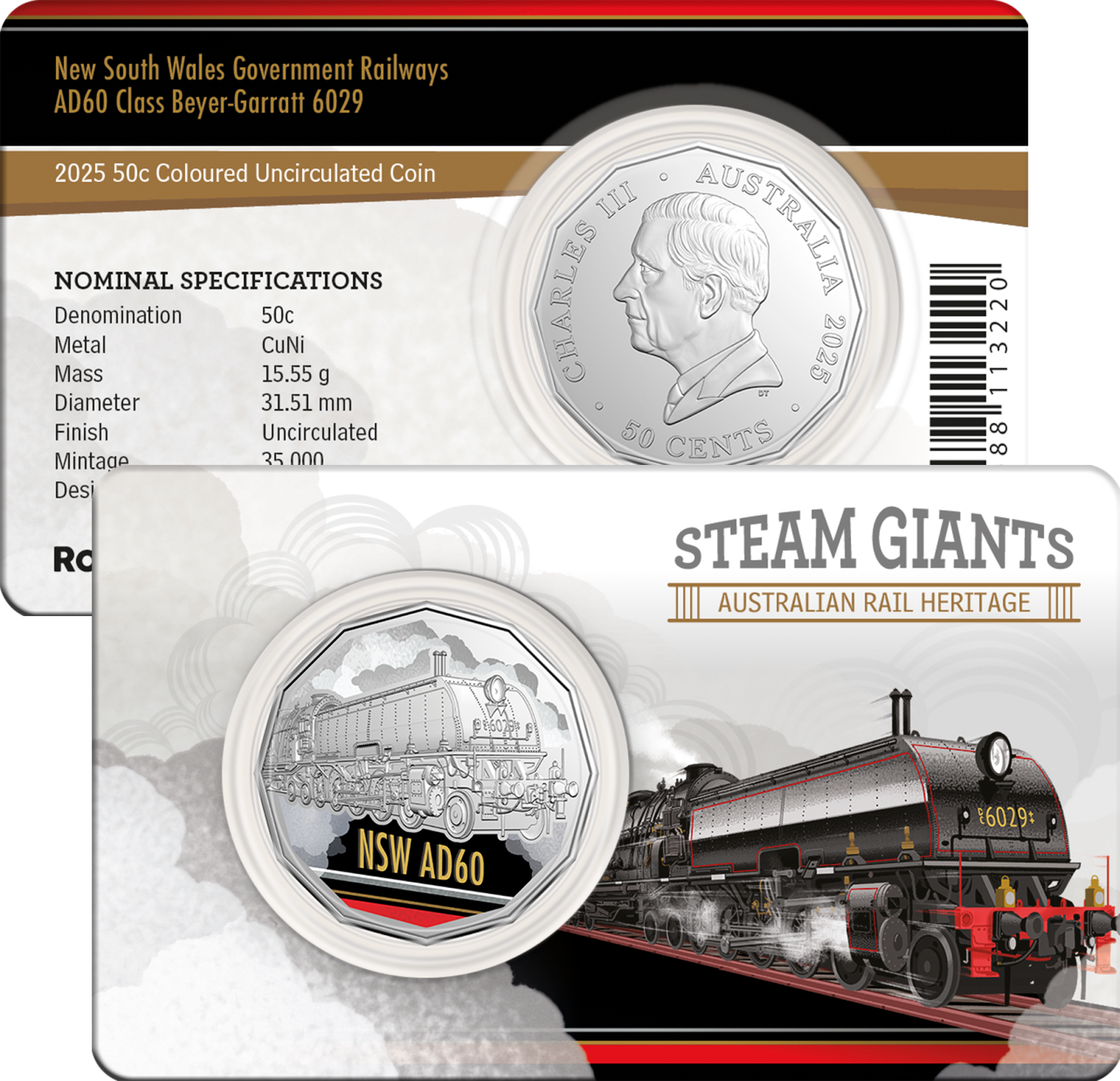 2025 50c Coloured Uncirculated Coin in Card - New South Wales Government Railways AD60 Class Beyer-Garratt 6029