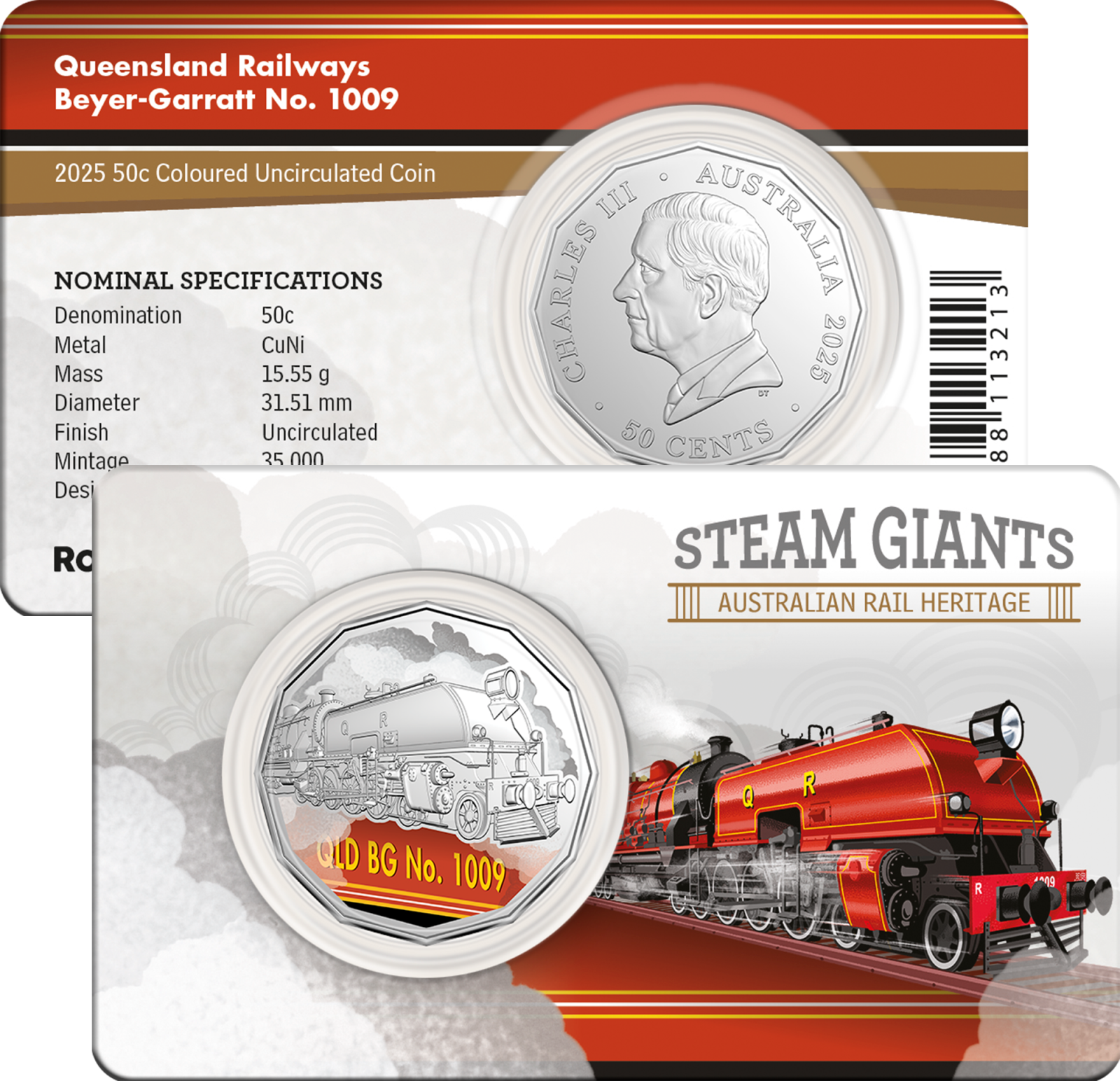 2025 50c Coloured Uncirculated Coin in Card - Queensland Railways Beyer-Garratt No. 1009