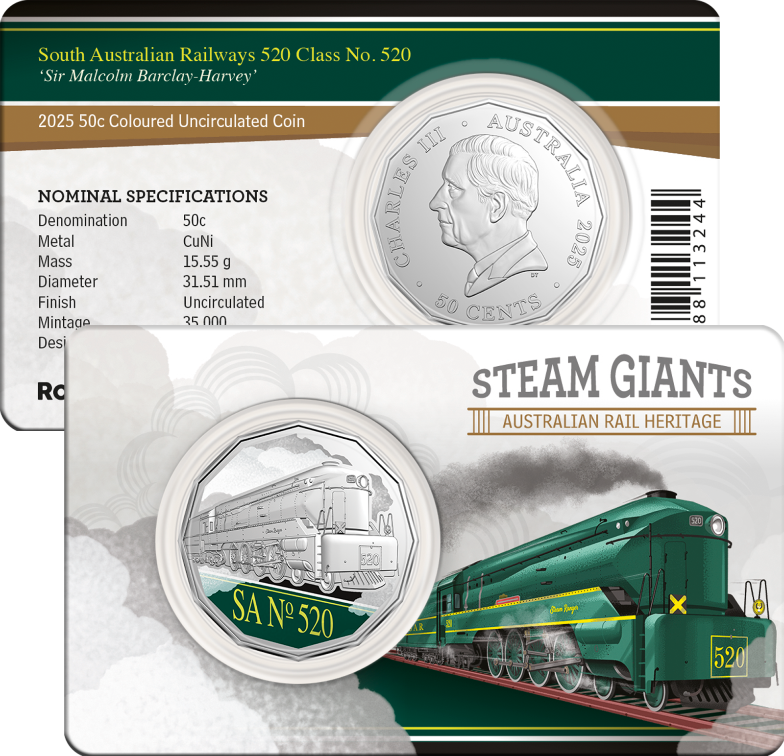 2025 50c Coloured Uncirculated Coin in Card - South Australian Railways 520 Class No. 520 ‘Sir Malcolm Barclay-Harvey’