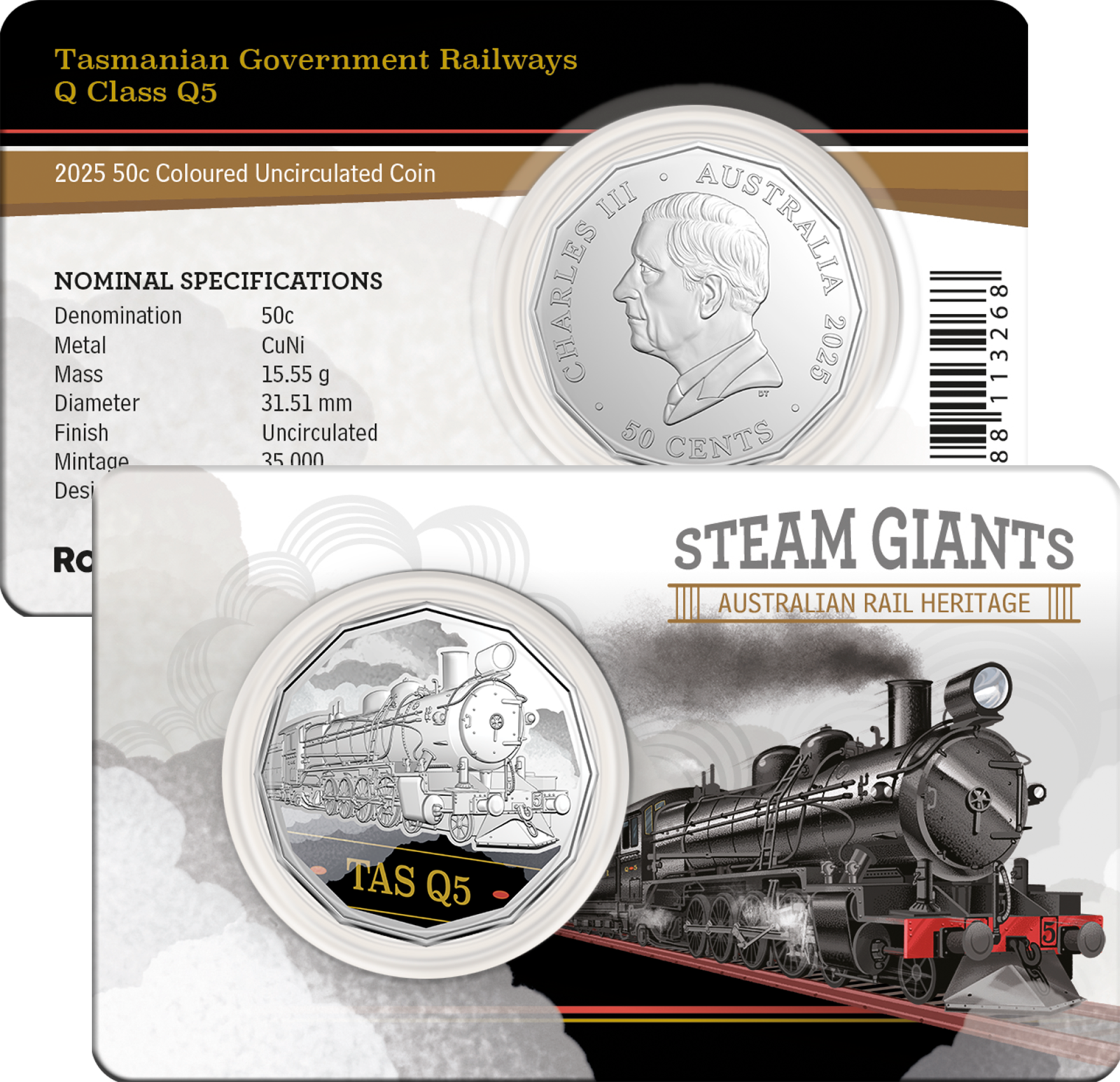2025 50c Coloured Uncirculated Coin in Card - Tasmanian Government Railways Q Class Q5
