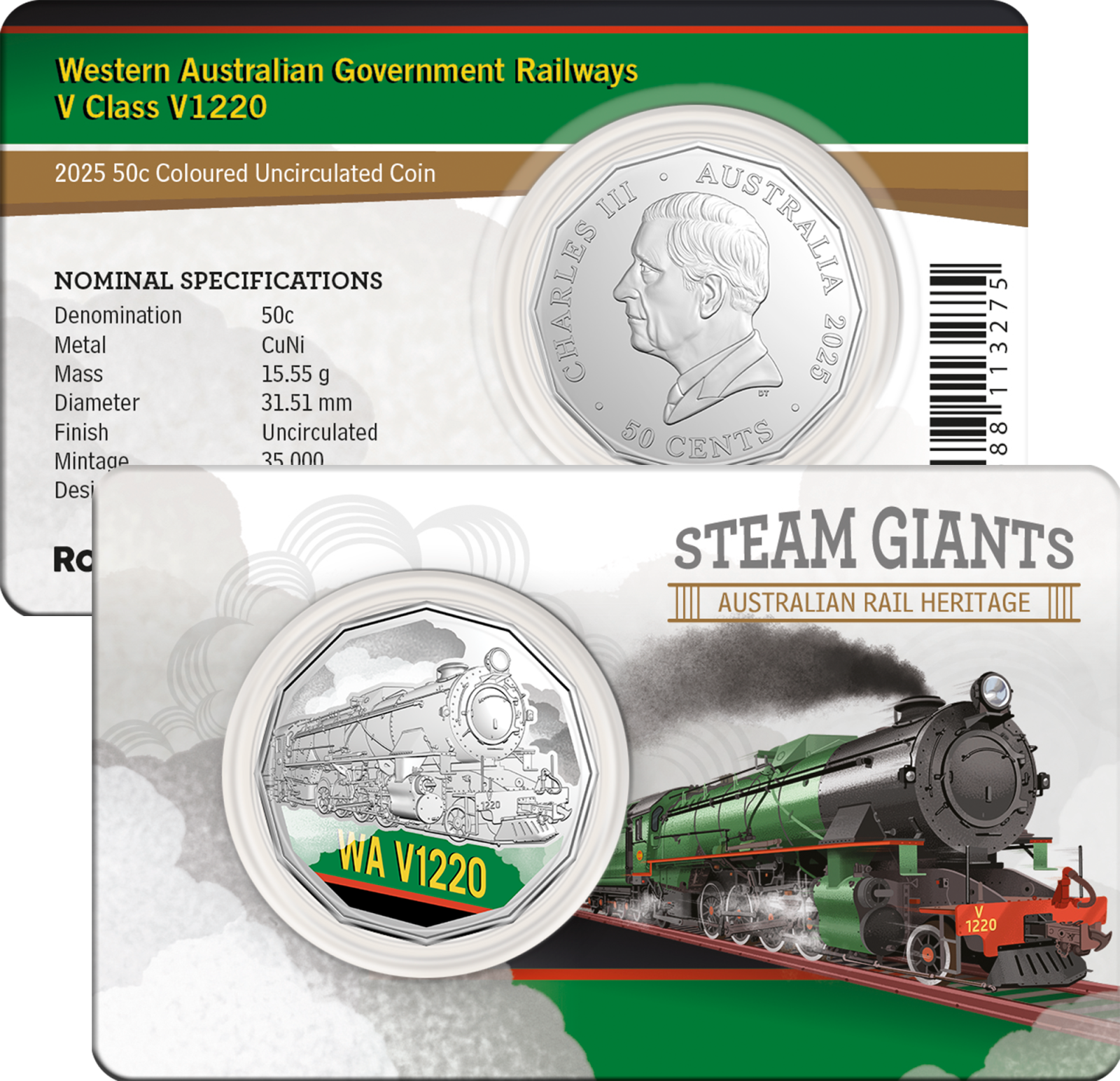 2025 50c Coloured Uncirculated Coin in Card - Western Australian Government Railways V Class V1220