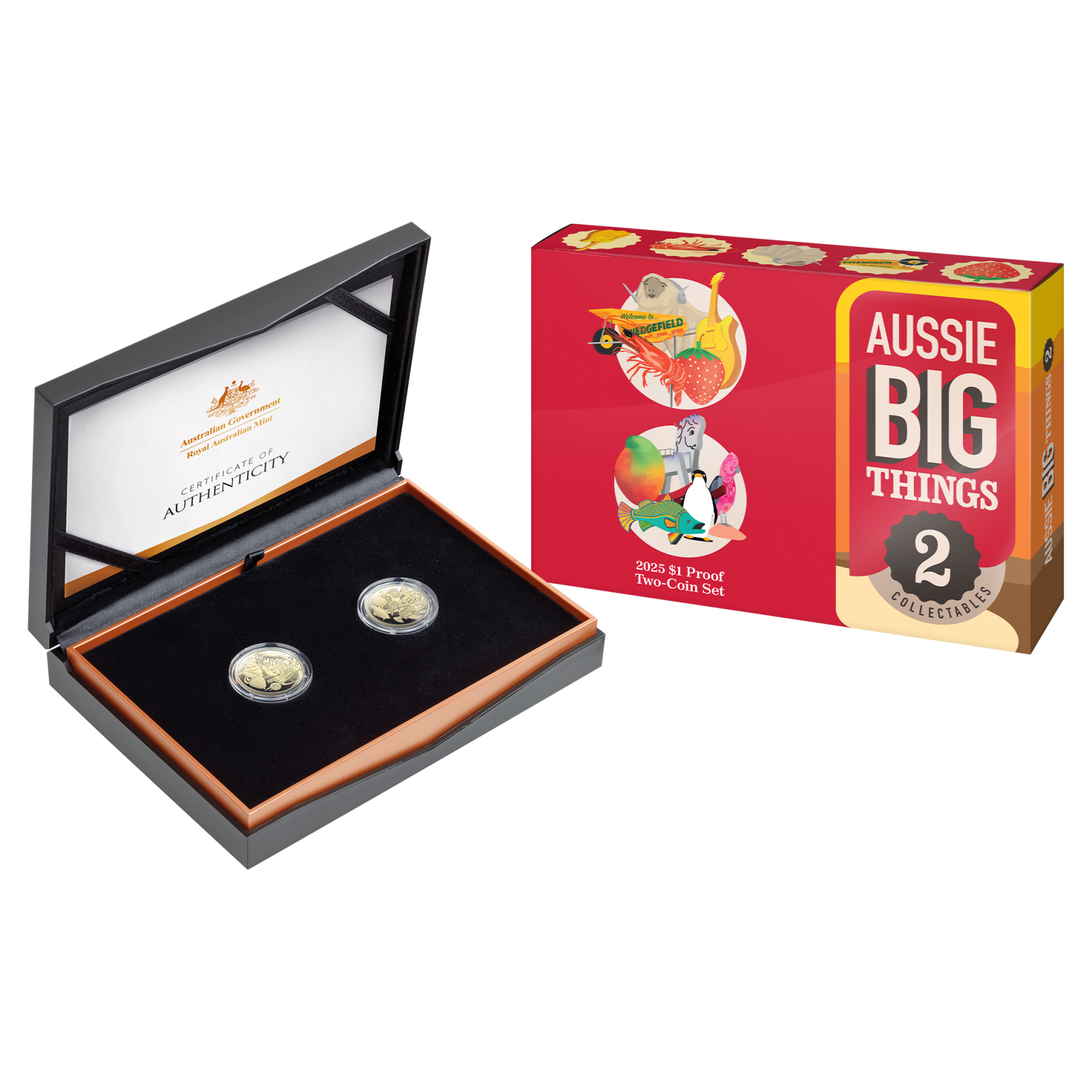 proof coins two coin set one dollar 2025 aussie big things with packaging