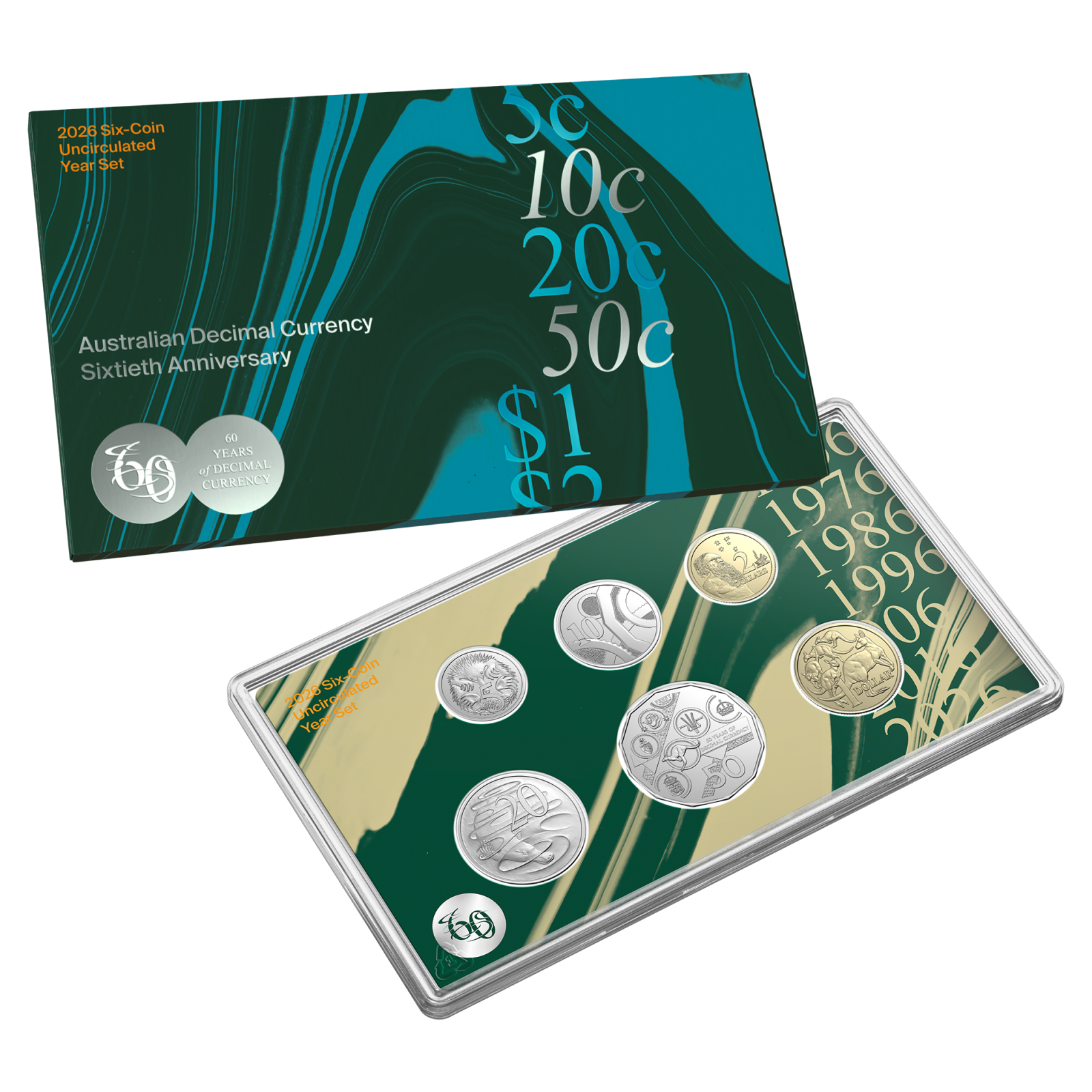 2026 60th Anniversary of Decimal Currency Uncirculated Six-Coin Year Set in packaging