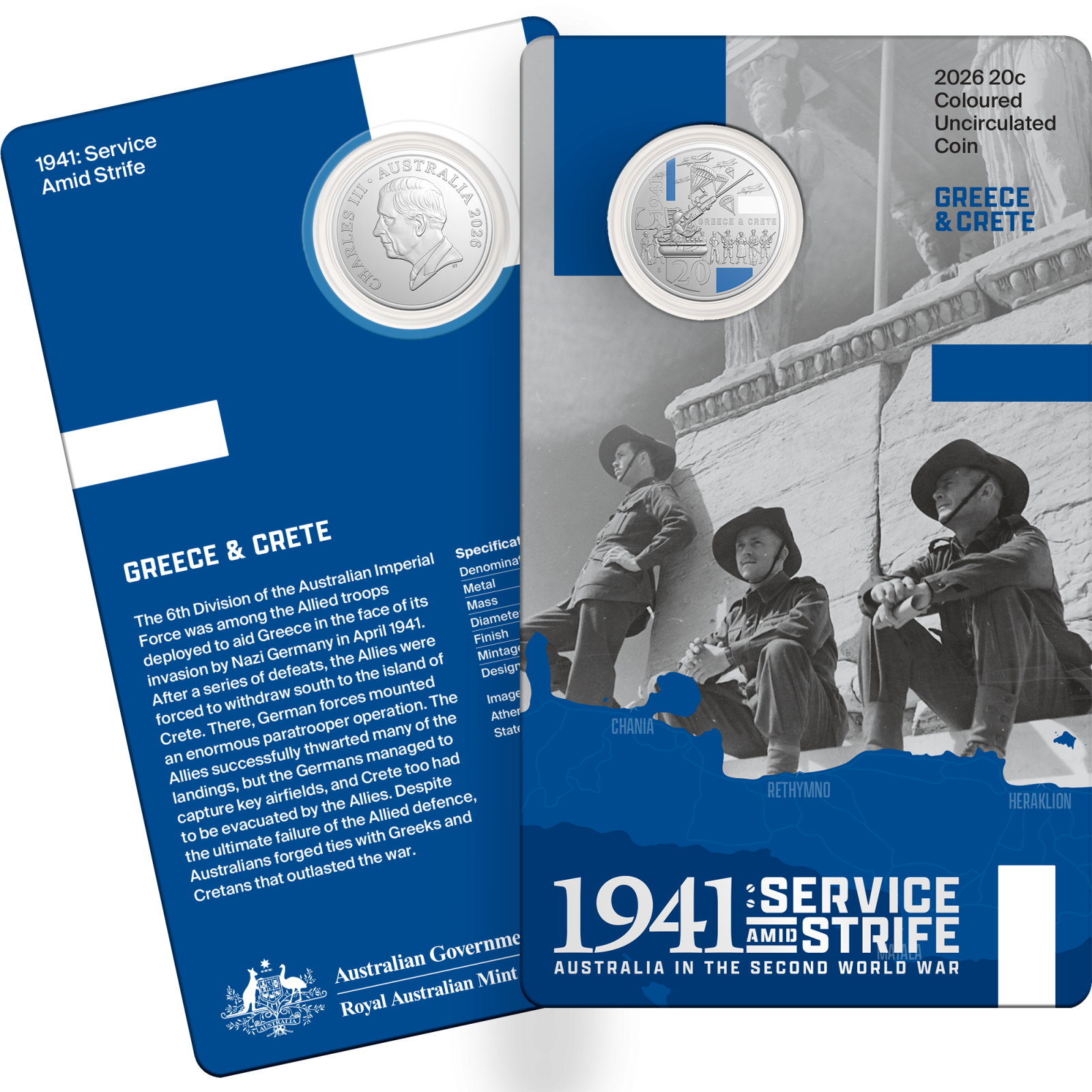 20c Greece and Crete coloured coin in card packaging, showing front and back of card and coin