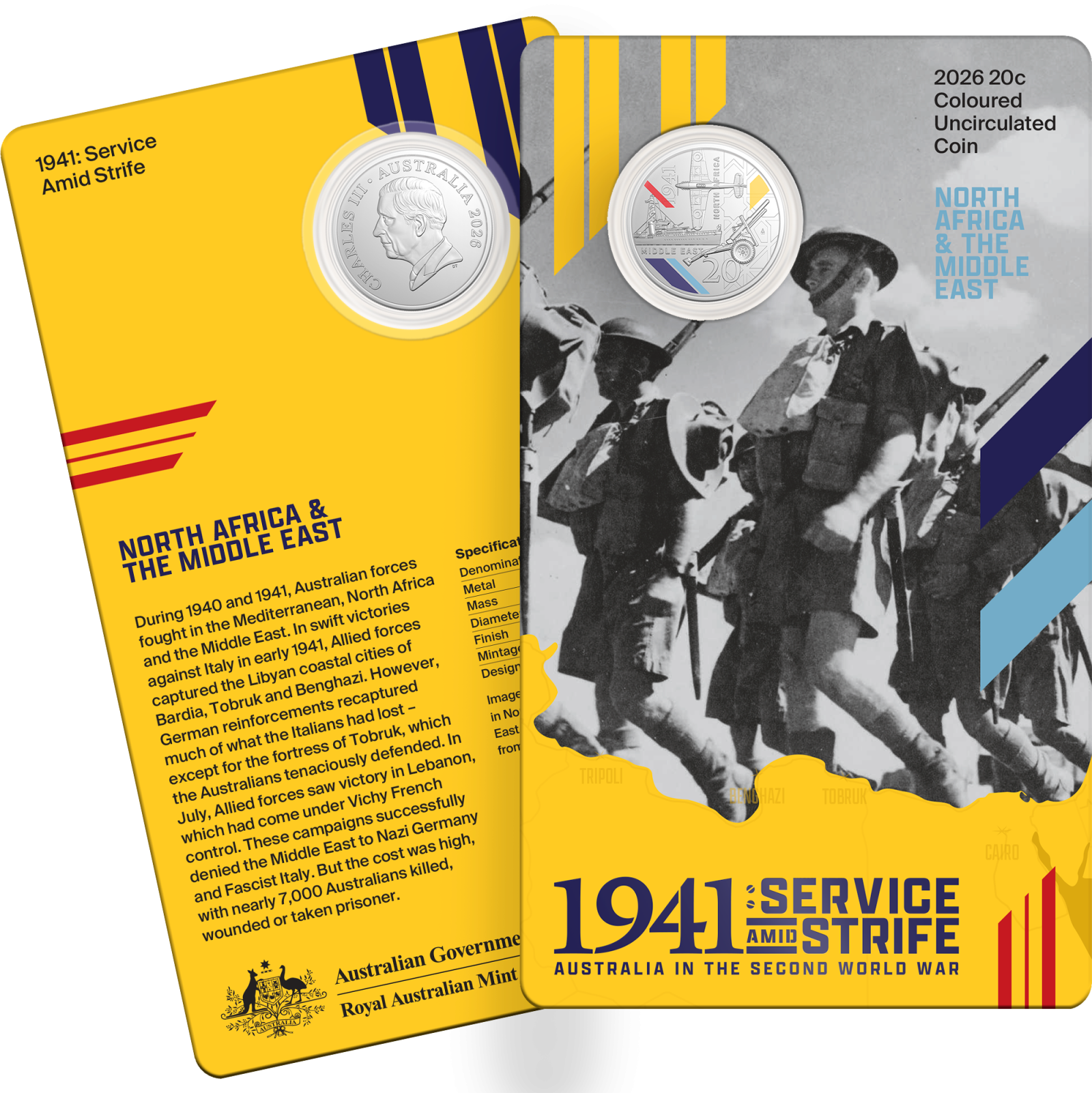 20c North Africa and the Middle East coloured coin in card packaging, showing front and back of card and coin