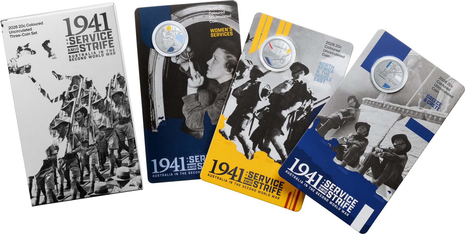 Three 1941 Service Amid Strife coins in card fanned out next to a box this set comes in