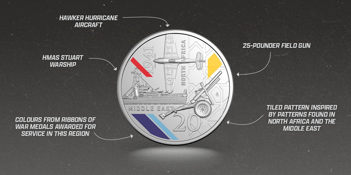 20c North Africa and the Middle East coloured coin from the 1941 Service Amid Strife release, with text highlighting the design features