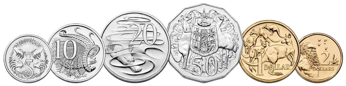 All six of Australia's current circulating currency facing 'tails' side