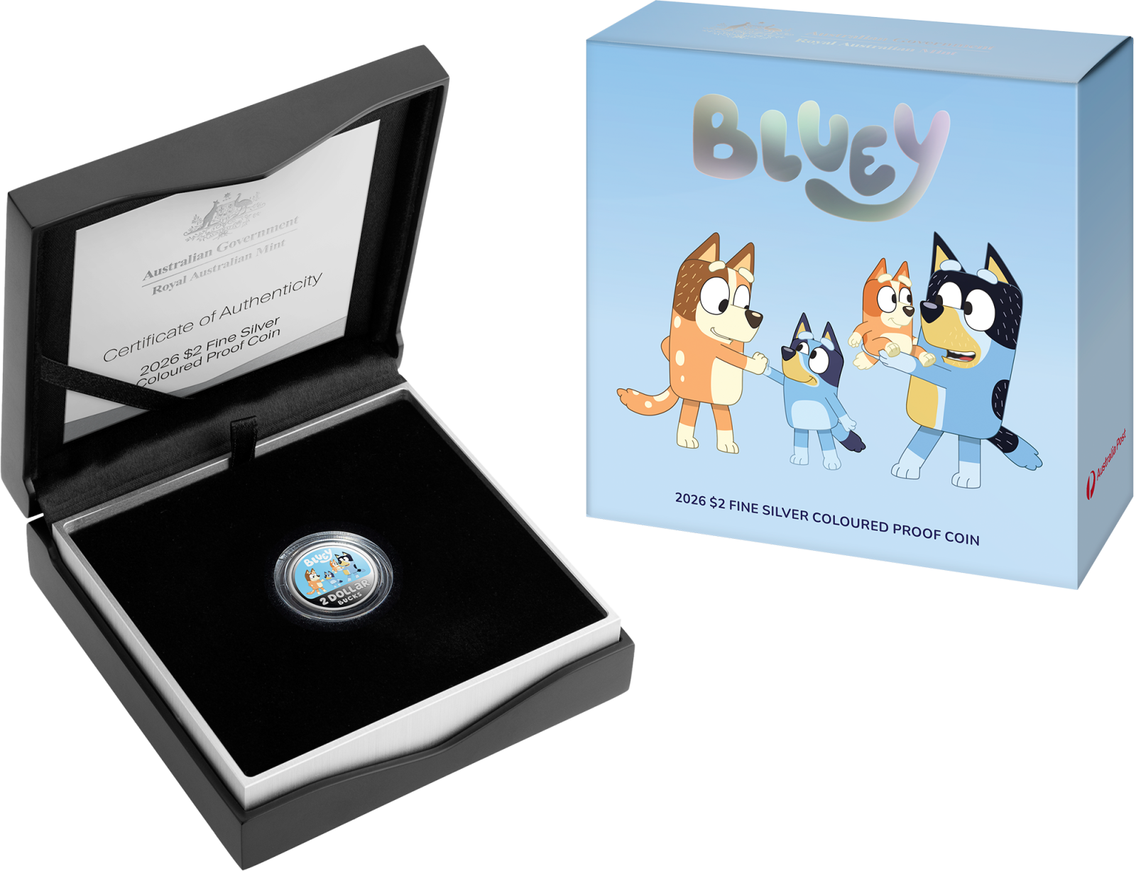 Bluey $2 silver coloured proof coin in packaging with certificate of authenticiy