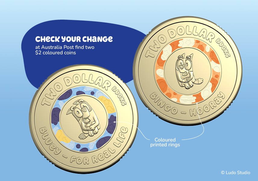 Bluey and Bingo $2 till coins with text: "Check your change at Australia Post to find two $2 coloured coins".
