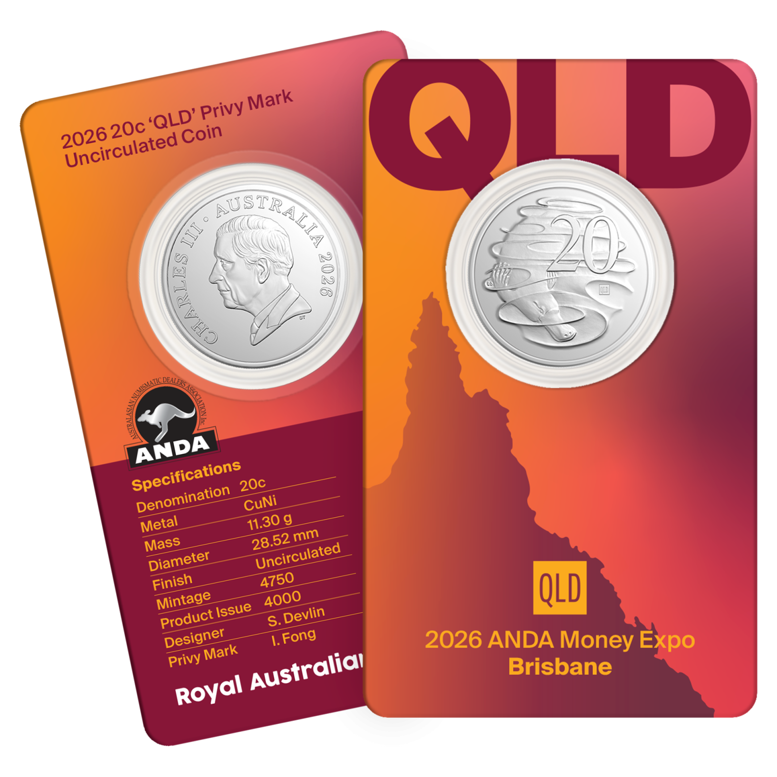 2026 ANDA 20c Coin with QLD privy mark in card.