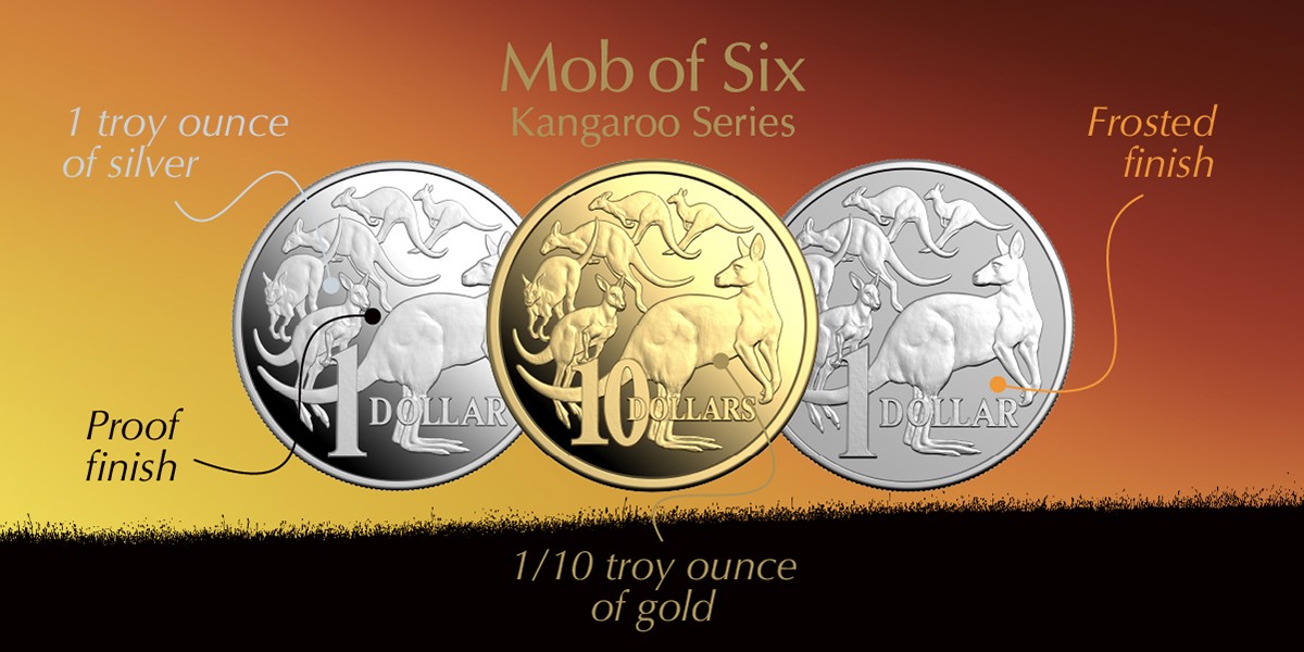 Three coins in kangaroo series with text annotating the type of finish of each coin: frosted finish, proof finish, 1/10th troy ounce gold and 1 troy ounce silver.