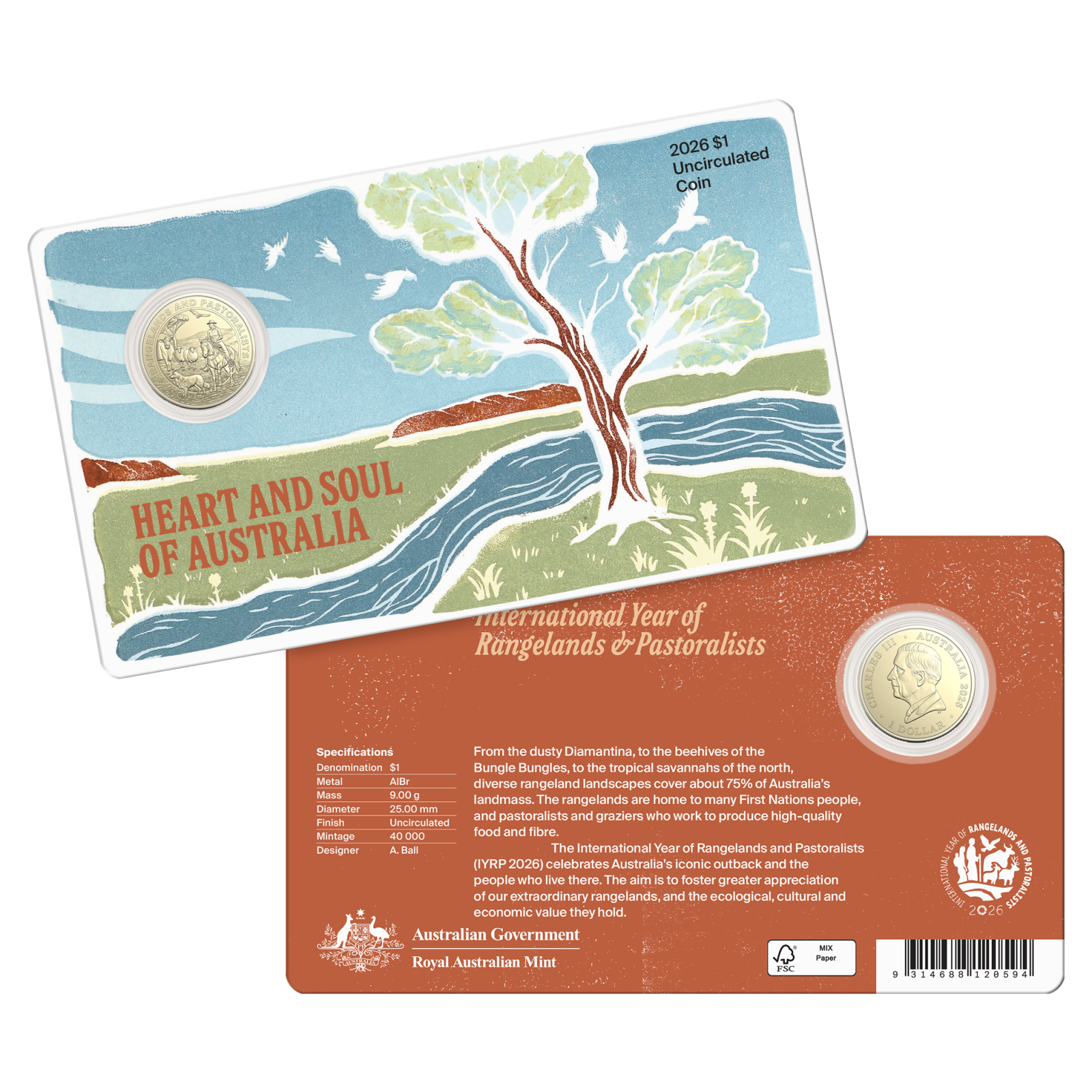 $1 Uncirculated Heart and Soul of Australia coin in card.