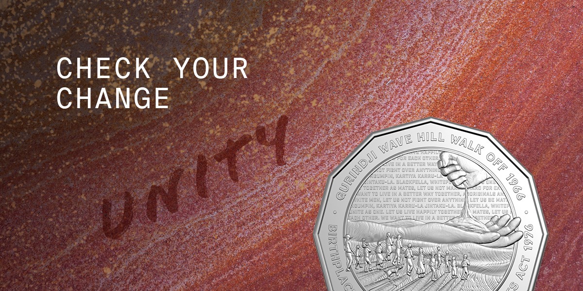 50c circulated Unity coin with 'Check Your Change' and 'Unity' text.