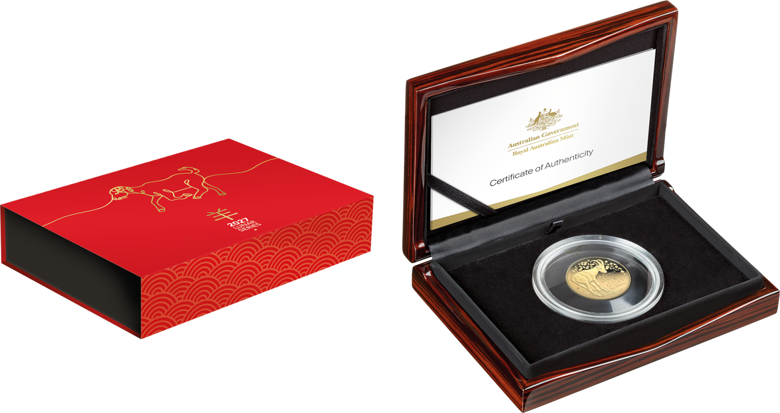 2027 $100 Gold Proofed Domed Coin Year of the Goat in packaging.