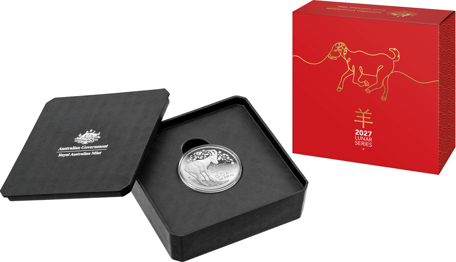 2027 $5 Silver Proof Domed Coin Year of the Goat in packaging.