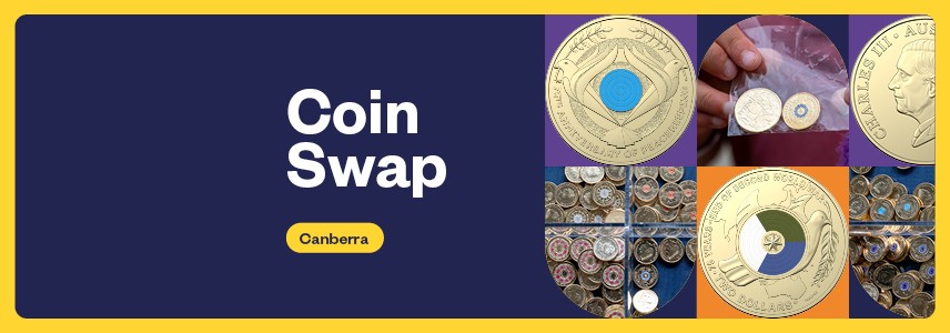 Text "Coin Swap Canberra: against a navy background with multiple images of coins.
