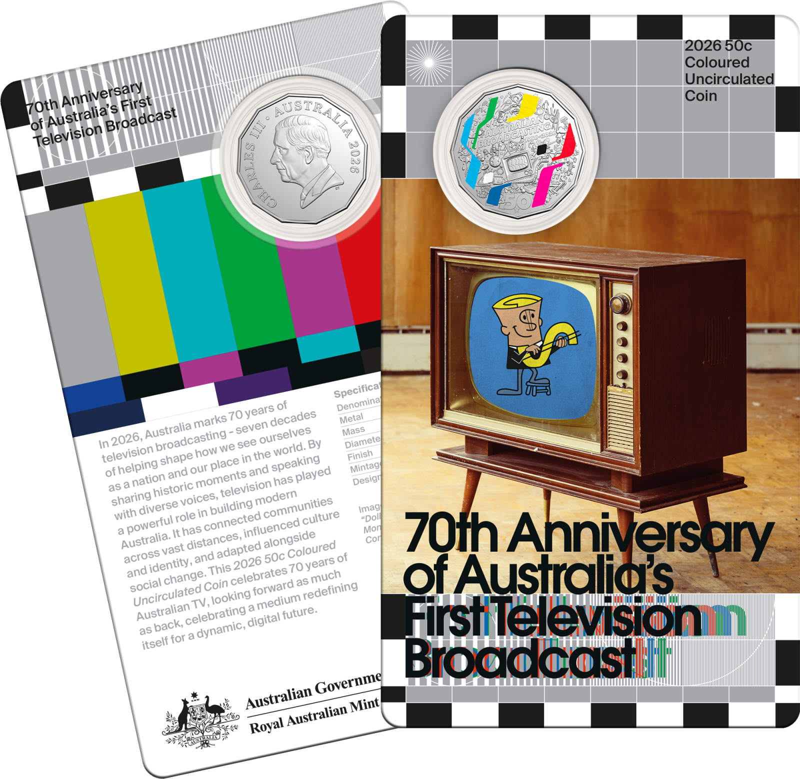 Front and back of the 2026 50c Coloured Coin in card commemorating the 70th Anniversary of Australia's First Television Broadcast.