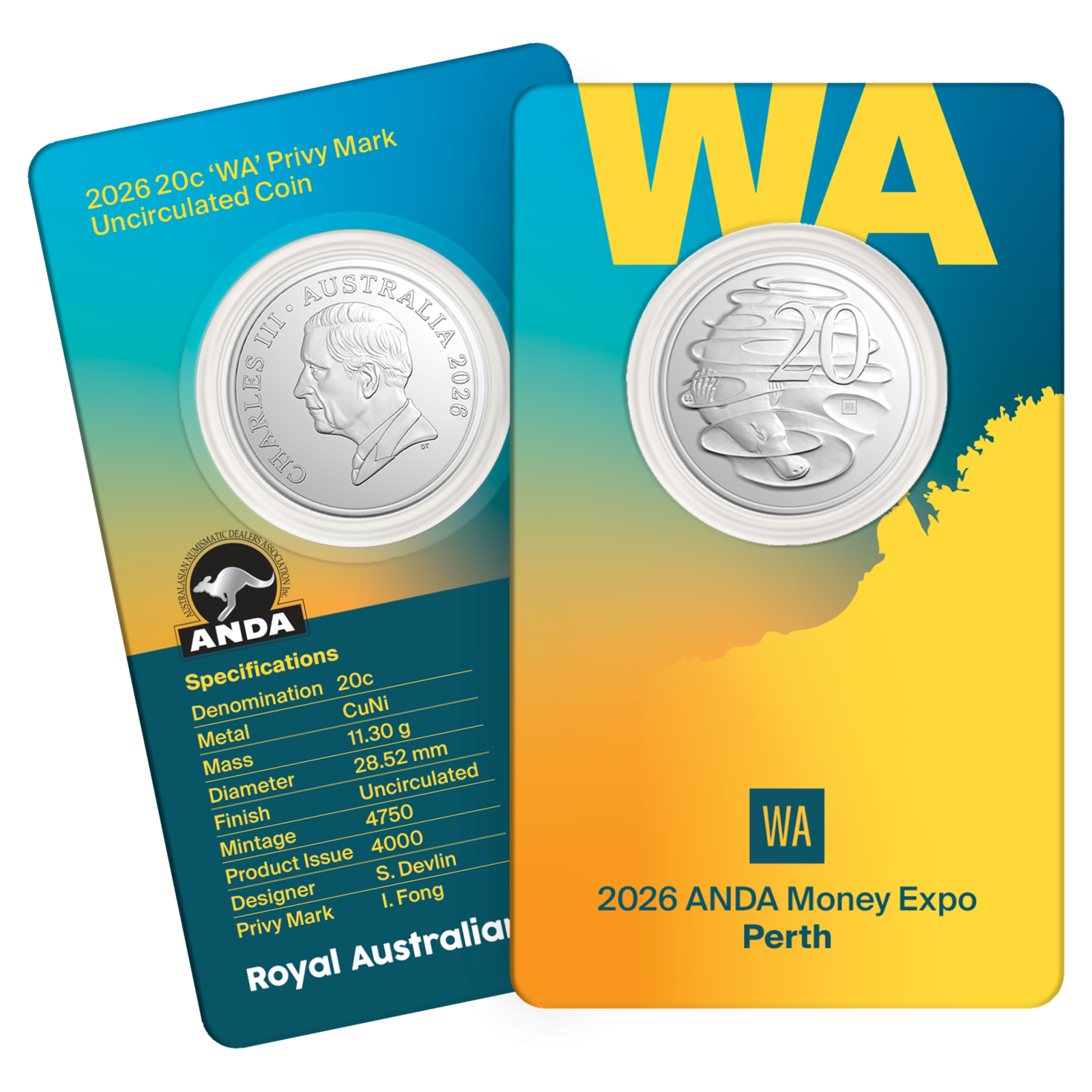 2026 20c ANDA WA Privy Mark Coin in card packaging.