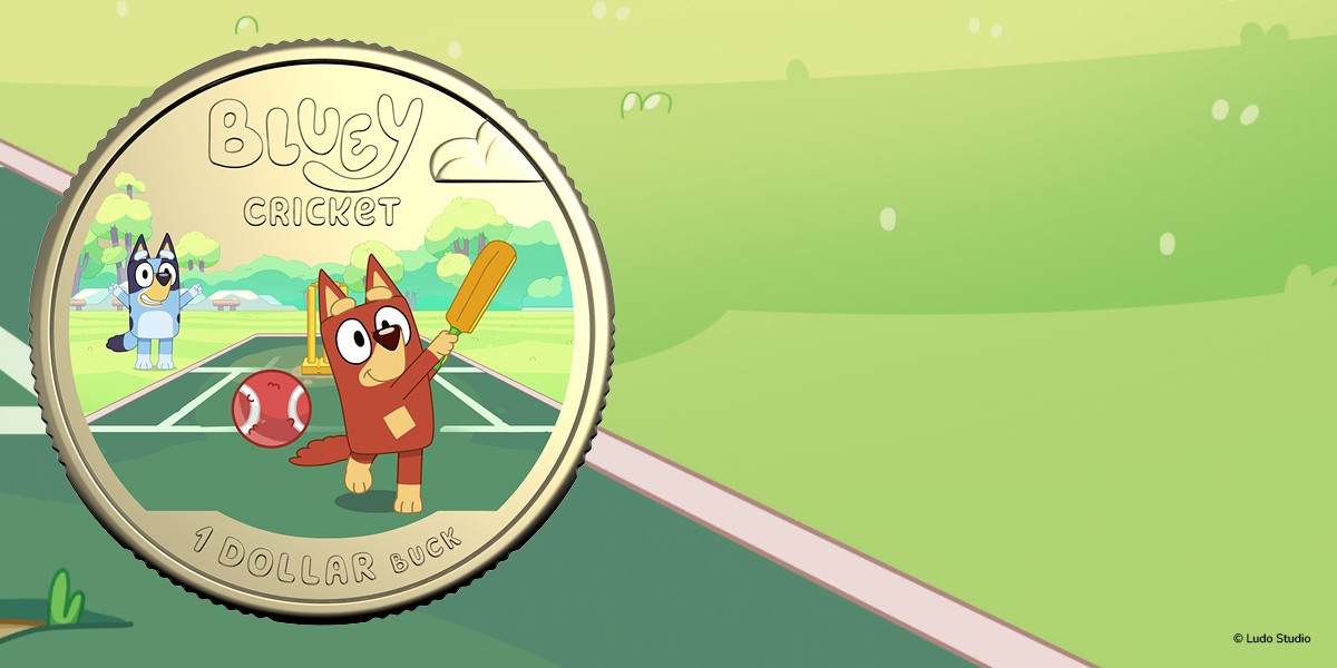 $1 Coloured Uncirculated Bluey Cricket coin against an illustrated cricket field background.