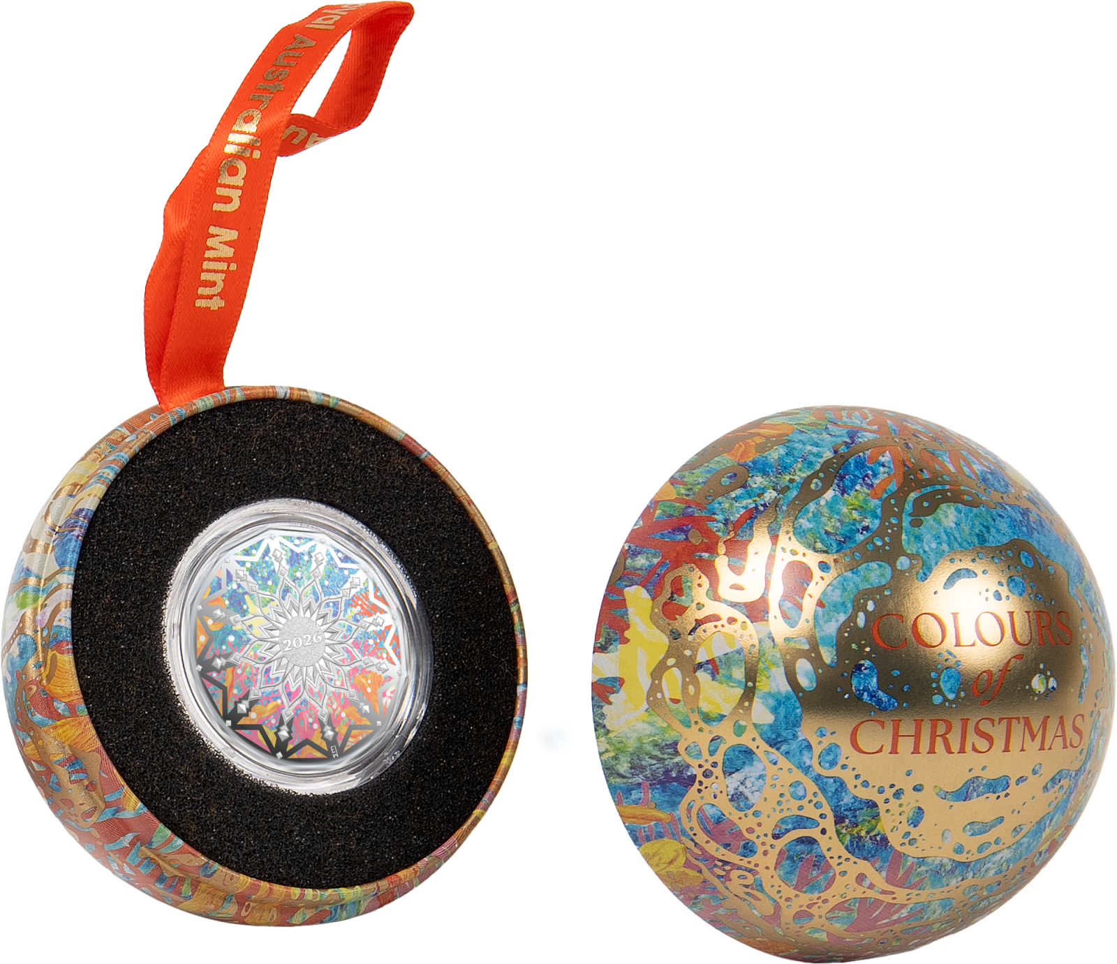 2026 Colours of Christmas 50c coloured proof coin in bauble packaging.