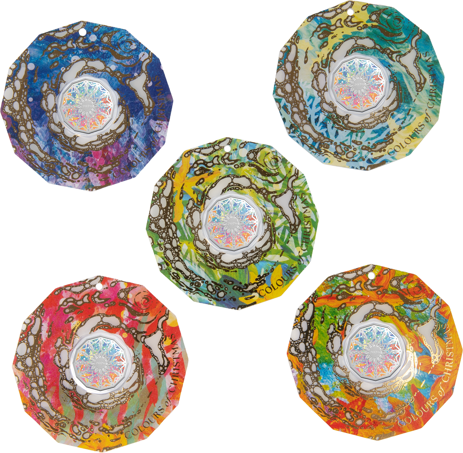 2026 50c coloured uncirculated Colours of Christmas coins in card showing all five card colours.