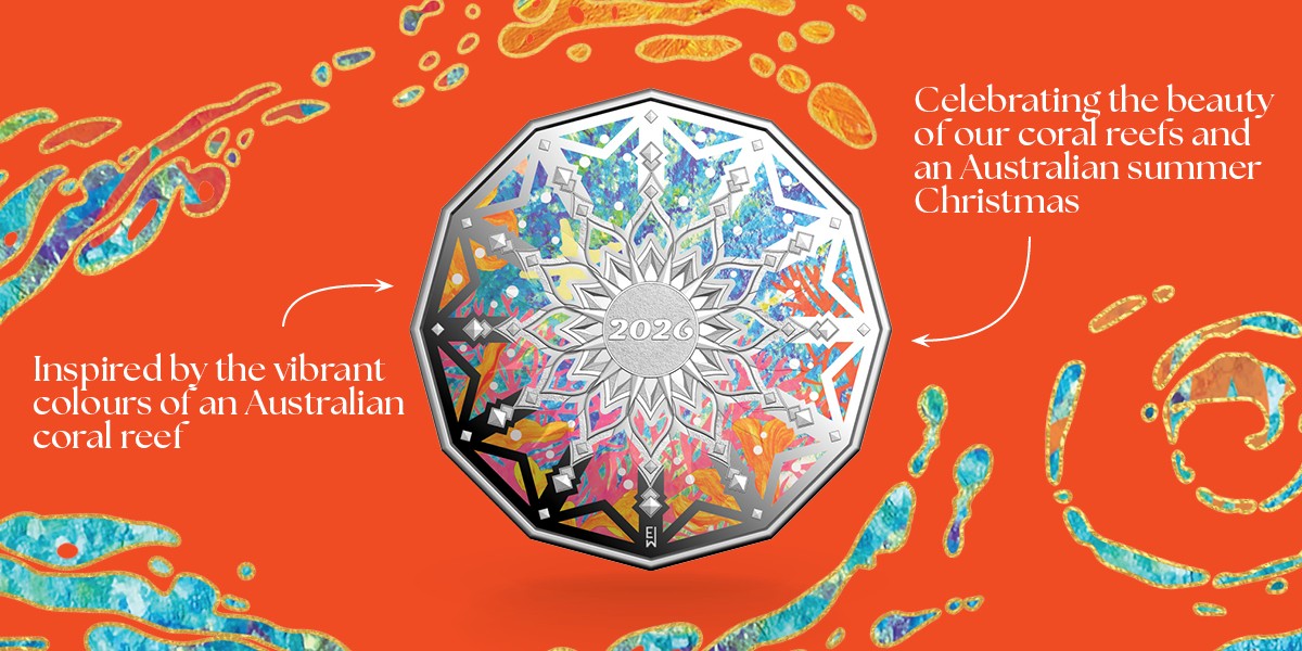 50c Colours of Christmas coin with text highlighting coin design features.