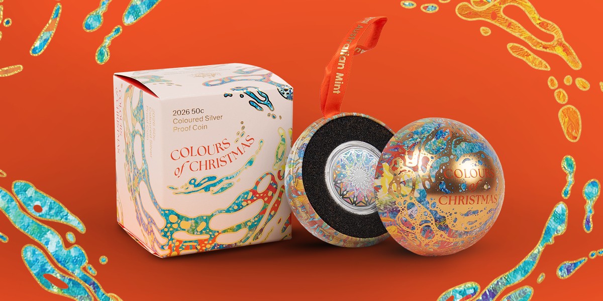 2026 Colours of Christmas 50c proof coin in bauble packaging.