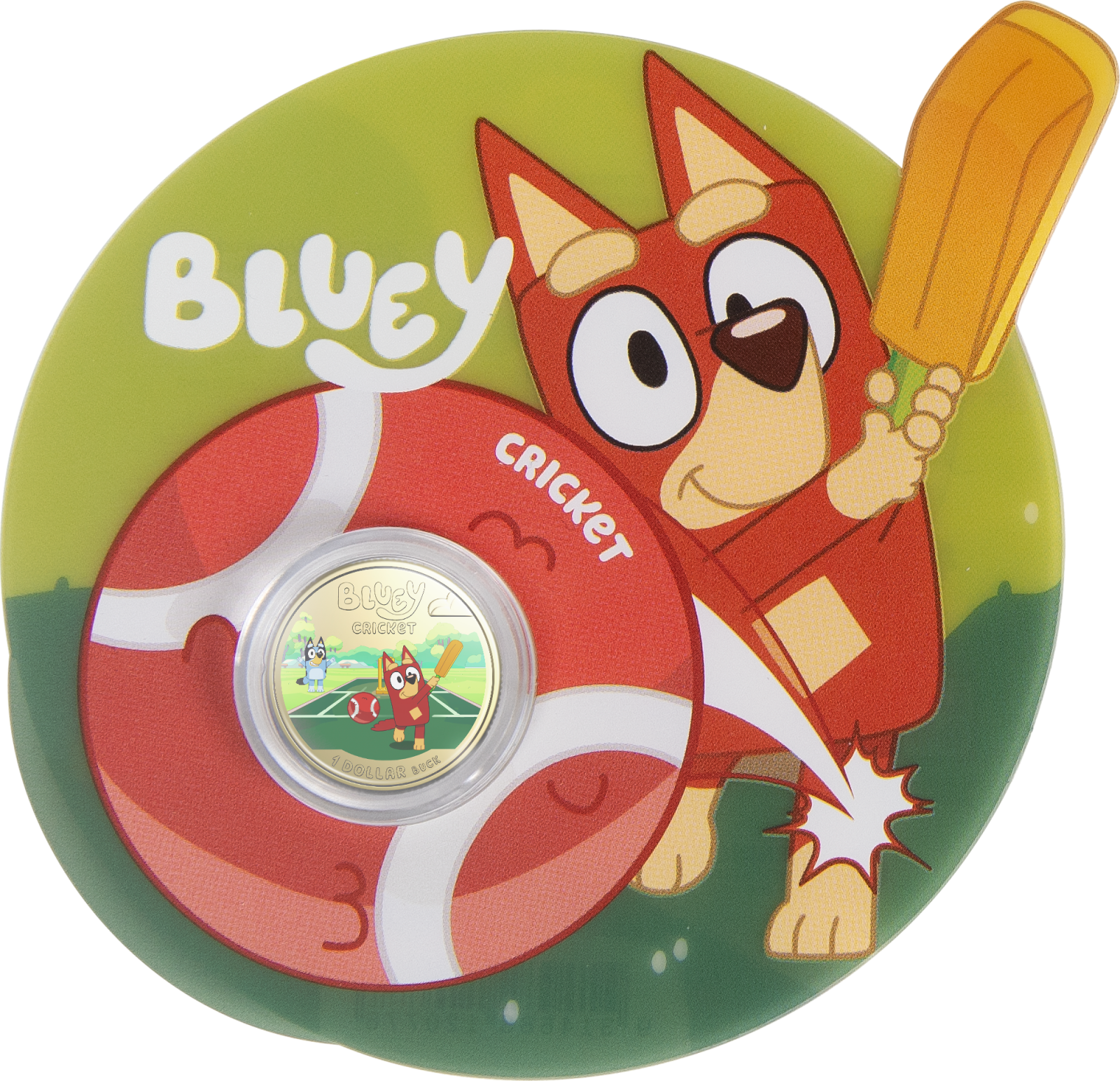 $1 Coloured Bluey Cricket coin in round card with Rusty batting on the cover.