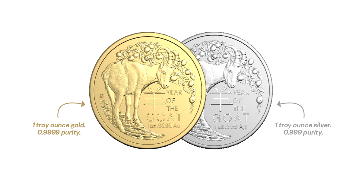 Gold and silver investment Lunar Year of the Goat coins with text highlighting metal purity.