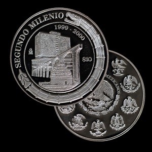 2000 $10 Silver Coin highlighting three landmarks in Mexico.