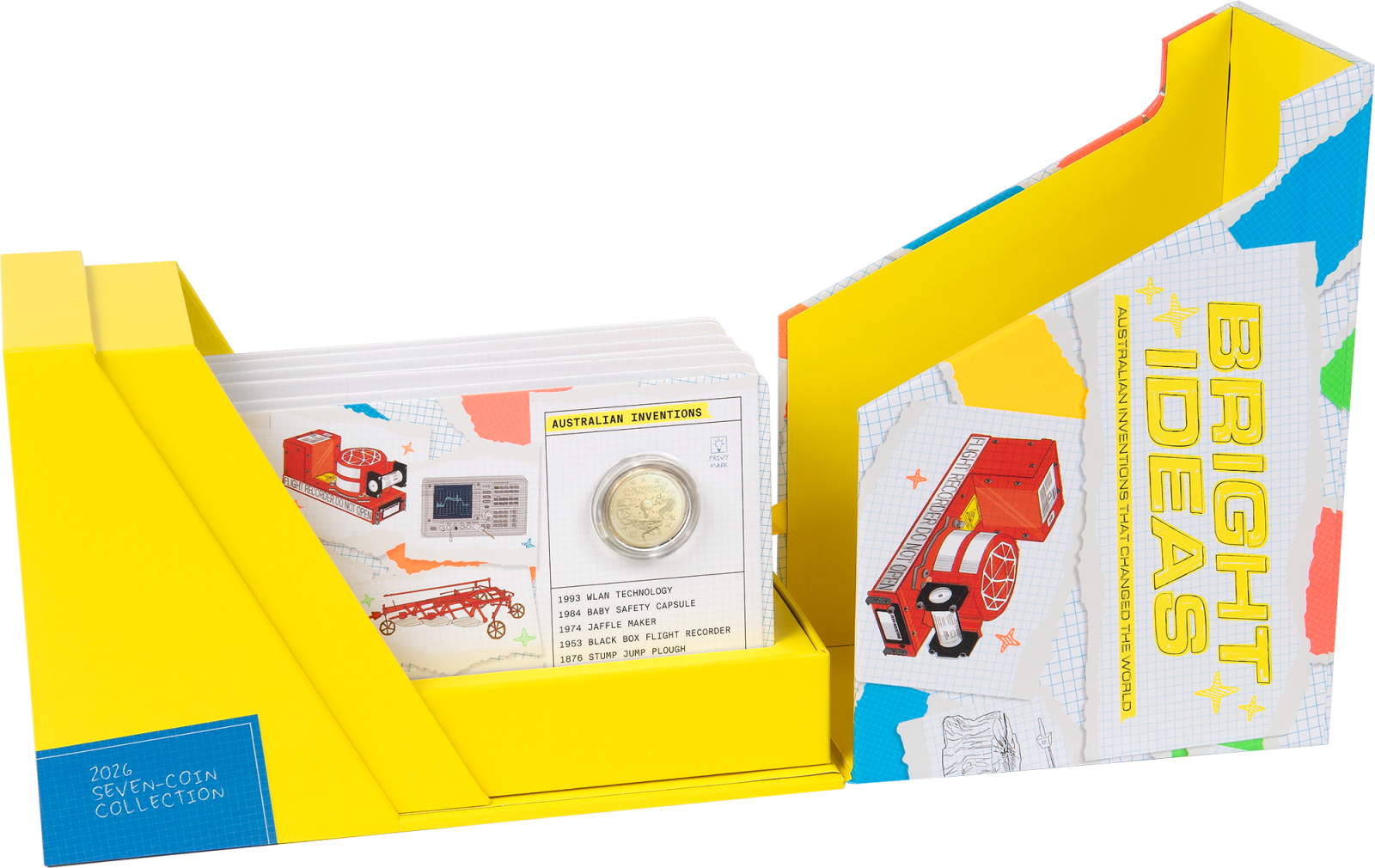 2026 Bright Ideas Seven Coin collector box, opened to reveal coins in cards.