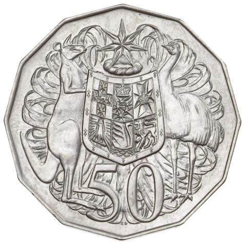 Circulating coins fifty cents standard Commonwealth Coat of Arms sculpted by Stuart Devlin
