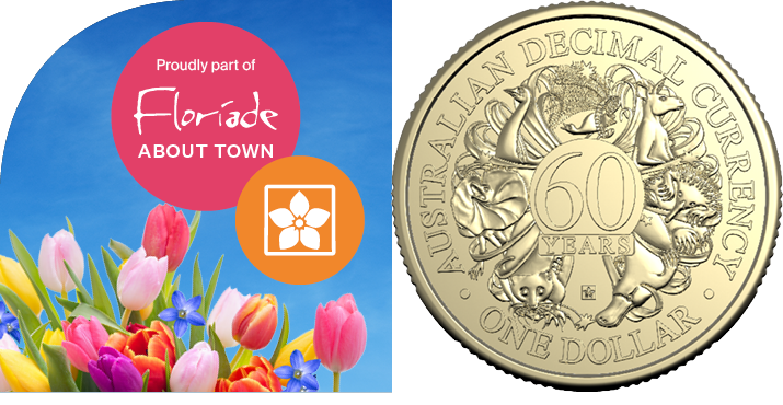 Tulips with "Floriade About Town" text and $1 gallery press coin with ACT bluebell privy mark.