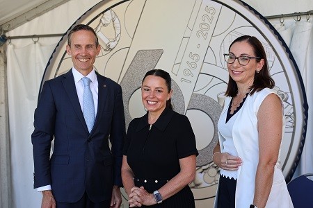 Assistant Minister for Competition, Charities and Treasury, The Hon. Dr Andrew Leigh MP, Myf Warhurst and the acting CEO Emily Martin at the media launch for the Mint's 60th Anniversary