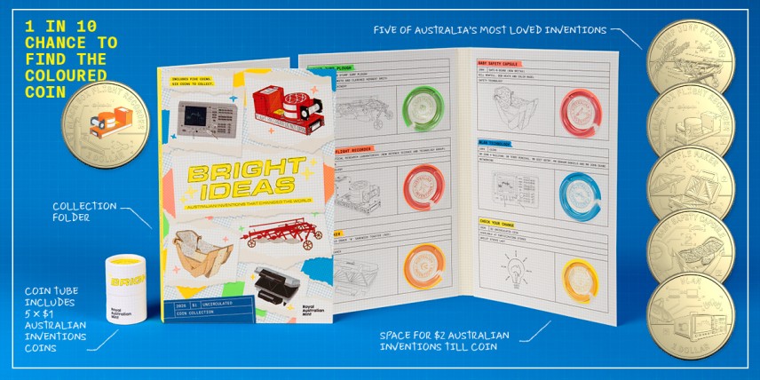 Bright Ideas five-coin collection folder and tube with coins against a blue background.