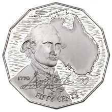Circulating coins fifty cents commemorative design 1970 bicentenary of James Cook’s 1770 voyage. Based on a painting by John Webber