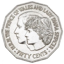 Circulating coins fifty cents commemorative design 1981 marriage of HRH the Prince of Wales and Lady Diana Spencer