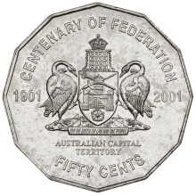 Circulating coins fifty cents commemorative design 2001 Centenary of Federation. Featuring the Coat of Arms of Canberra, granted by King George V in 1928