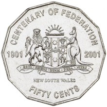 Circulating coins fifty cents commemorative design 2001 Centenary of Federation. Featuring the Coat of Arms of NSW, granted by King Edward VII in 1906