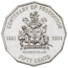 Circulating coins fifty cents commemorative design 2001 Centenary of Federation. Featuring the Coat of Arms of Norfolk Island, granted by Queen Elizabeth II in 1980