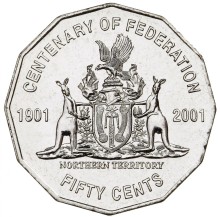Circulating coins fifty cents commemorative design 2001 Centenary of Federation. Featuring the Coat of Arms of the Northern Territory, granted by Queen Elizabeth II in 1978