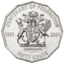 Circulating coins fifty cents commemorative design 2001 Centenary of Federation. Featuring the Coat of Arms of Queensland, the oldest in Australia, granted by Queen Victoria in 1893