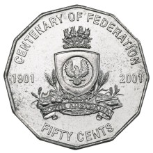 Circulating coins fifty cents commemorative design 2001 Centenary of Federation. Featuring the Coat of Arms of South Australia, granted by Queen Elizabeth II in 1984, replacing the original granted in 1936