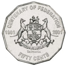 Circulating coins fifty cents commemorative design 2001 Centenary of Federation. Featuring the Coat of Arms of Tasmania, granted by King George V in 1917.