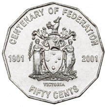 Circulating coins fifty cents commemorative 2001 Centenary of Federation. Featuring the Coat of Arms of Victoria, granted by King George V in 1910